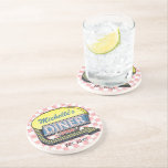 Create Your Own Custom Retro 50's Diner Sign Coaster<br><div class="desc">Create your own custom, 1950's style diner sign sandstone coaster using this easy template. This cool retro coaster design has a slightly distressed pink-and-white chequered background with a sign on top that says "DINER" and "OPEN" in neon with space for you to add your own first or last name -...</div>