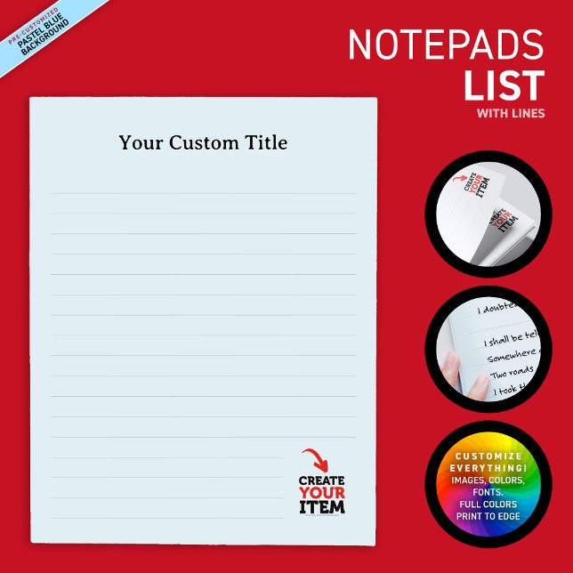 CREATE-YOUR-OWN Custom upload your design lined Notepad (Business & personal custom notepads: upload your own logo, photos or illustrations! Variety of fonts)