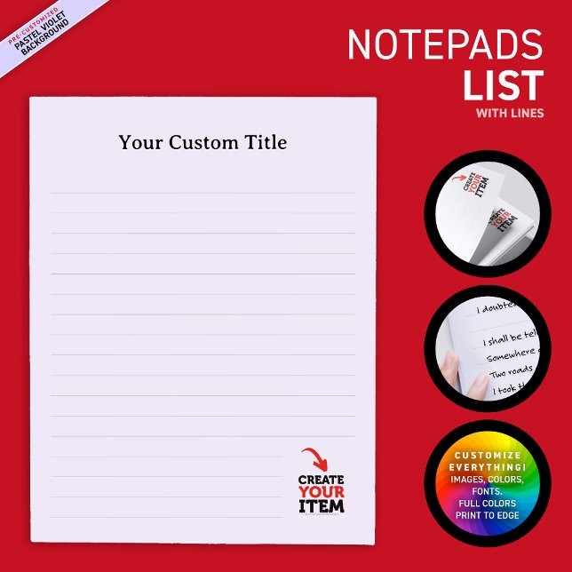 CREATE-YOUR-OWN Custom upload your design lined Notepad (Business & personal custom notepads: upload your own logo, photos or illustrations! Variety of fonts)