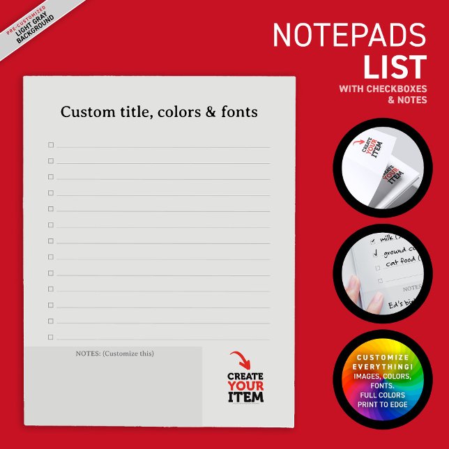 CREATE-YOUR-OWN Custom upload your design list Notepad (Create your own to-do or grocery list. Edit texts, images, colors, fonts, and upload your own images)