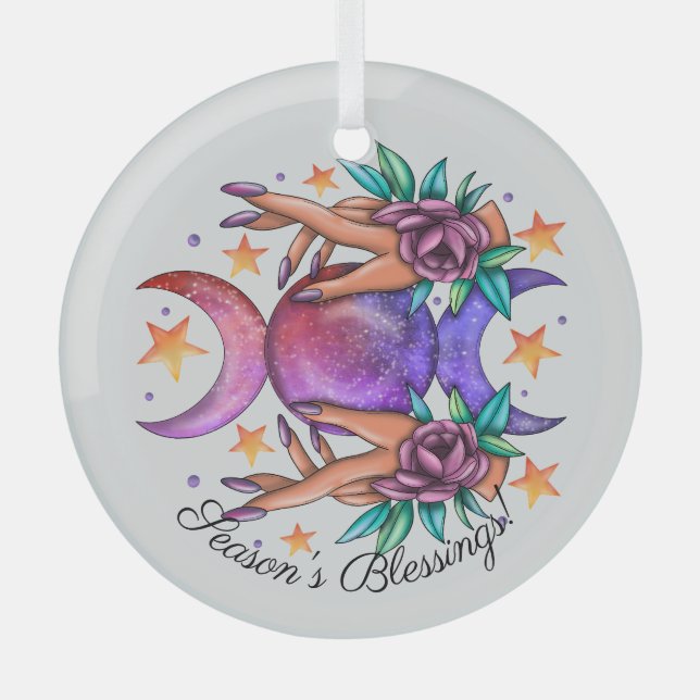 Create Your Own Cute Triple Moon Goddess & Roses Glass Ornament (Front)