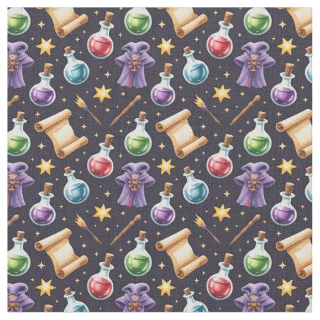 Create Your Own Cute Wizard Potions Scrolls Black Fabric (Close Up)