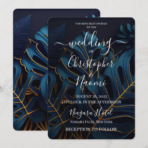 Create Your Own Dark Blue & Gold Leaves Wedding Invitation
