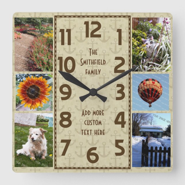 Create Your Own Deco 6 Photo Collage Brown Anchors Square Wall Clock (Front)