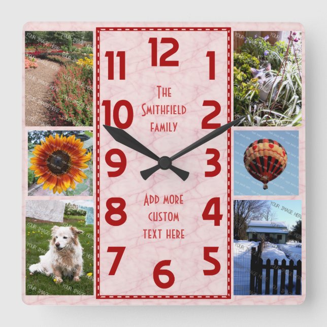 Create Your Own Deco 6 Photo Collage Pink Marbled Square Wall Clock (Front)