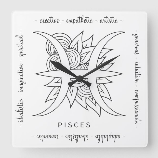 Create Your Own Elegant Black & White Pisces Square Wall Clock (Front)