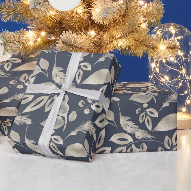 Create Your Own Elegant Blue & Gold Foliage Wrapping Paper (Holidays)