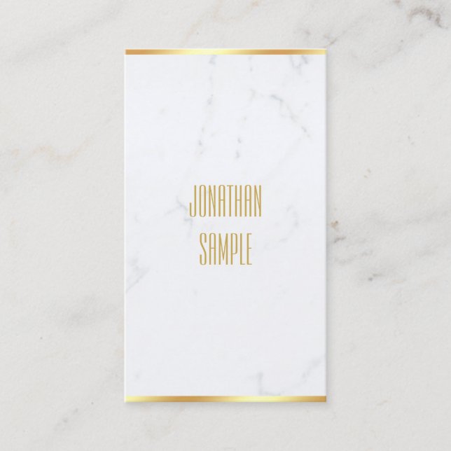Create Your Own Elegant White Marble Gold Text Business Card (Front)