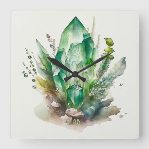 Create Your Own Emerald Green Crystals Square Wall Clock