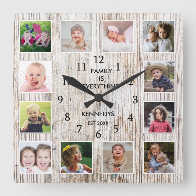 Create Your Own Family Name 12 Photo Collage Frame Square Wall Clock (Front)