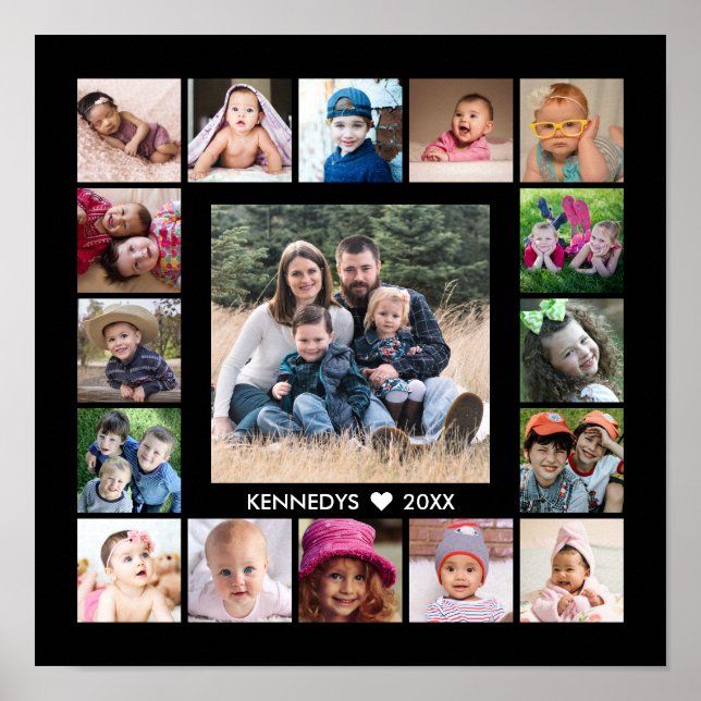 Create Your Own Family Name 17 Photo Collage Black Poster (Front)