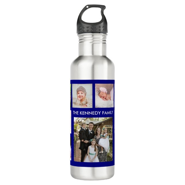 Create Your Own Family Name 9 Photo Collage Blue 710 Ml Water Bottle (Front)