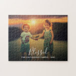 Create your own family photo Blessed script Jigsaw Puzzle<br><div class="desc">Make your own most beautiful family photo,  Blessed script puzzle.
Custom photo jigsaw puzzle
You can personalize it and add your most beautiful photo,  text,  name and year. Great fun !</div>