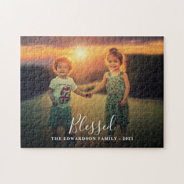 Create your own family photo Blessed script Jigsaw Puzzle (Horizontal)