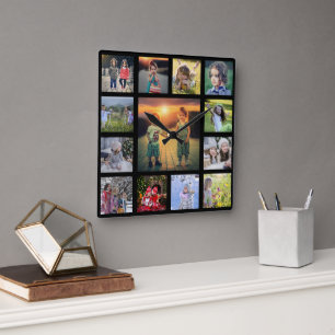 Create your own family photo collage black square  wall clock