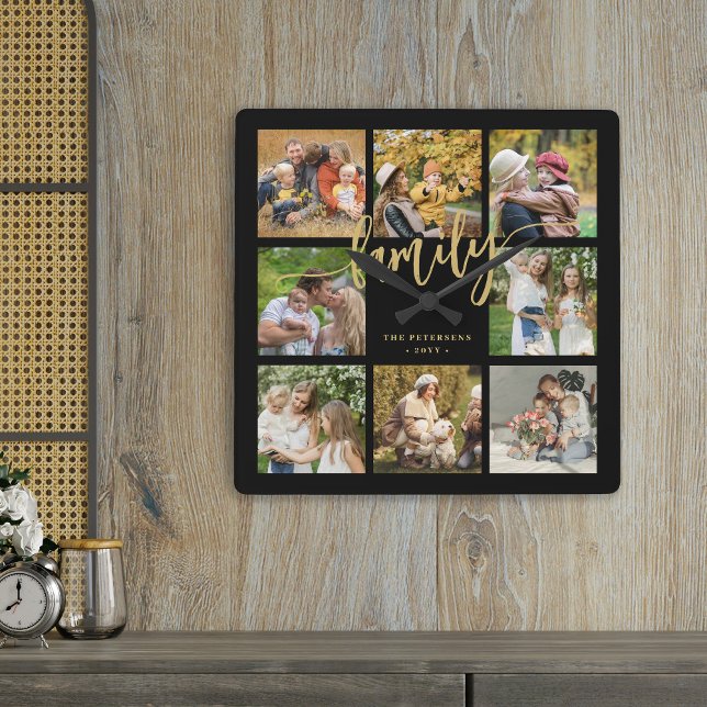 Create your own family photo collage gold script square wall clock (Creator Uploaded)