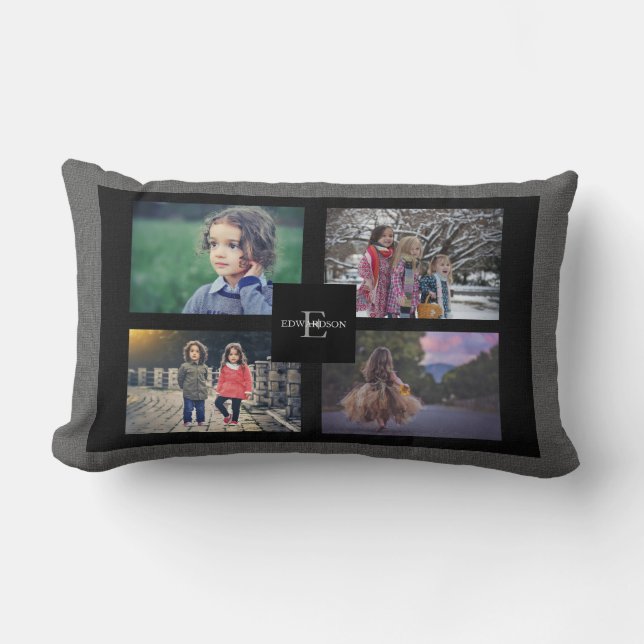 Create your own family photo collage grey burlap lumbar pillow (Front)