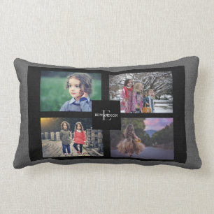 Create your own family photo collage grey burlap lumbar pillow