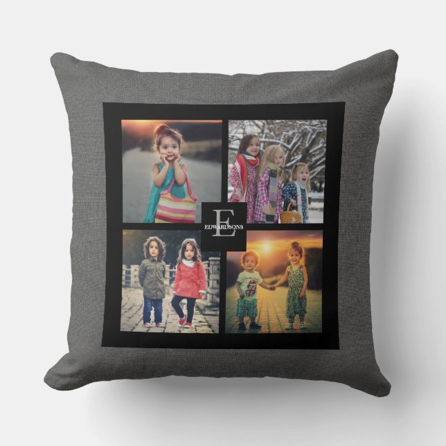 Create your own Family photo collage grey burlap Throw Pillow (Front)