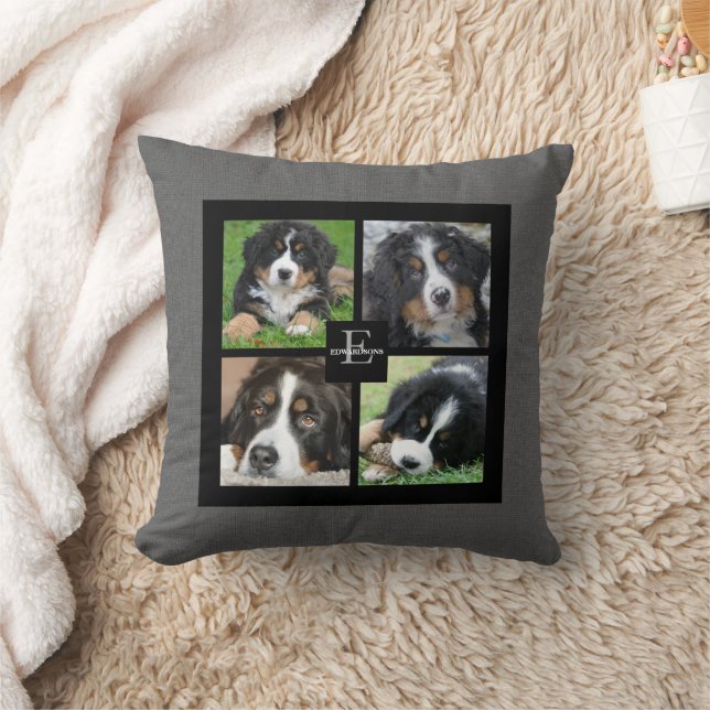 Create your own family photo collage grey burlap throw pillow (Blanket)