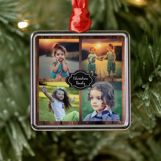 Create your own family photo collage monogram name metal ornament (Tree)