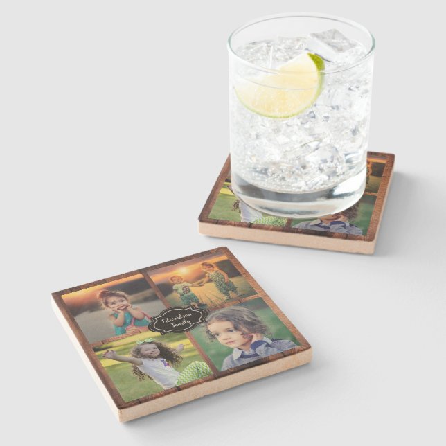 Create your own family photo collage monogram name stone coaster (Side)