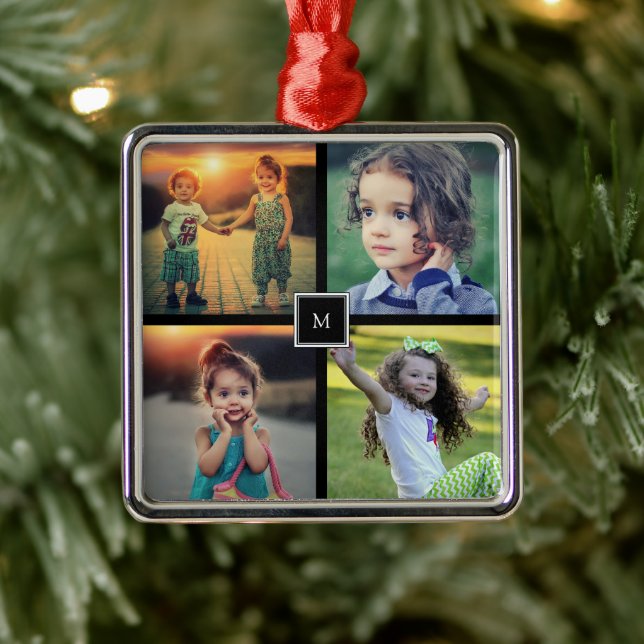 Create your own family photo collage monogrammed metal ornament (Tree)