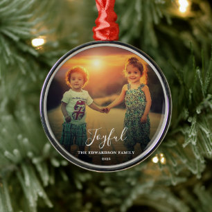 Create your own family photo joyful script metal ornament