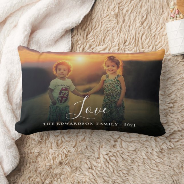 Create your own family photo Love script monogram Lumbar Pillow (Blanket)