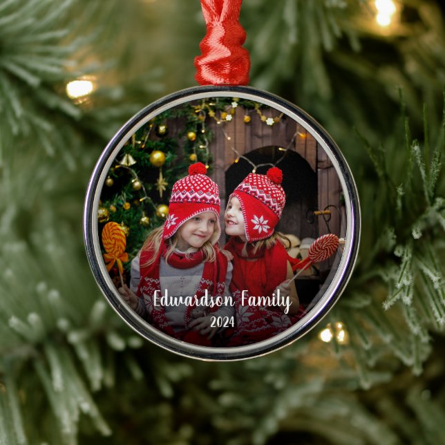 Create your own family photo personal Christmas Metal Ornament (Tree)