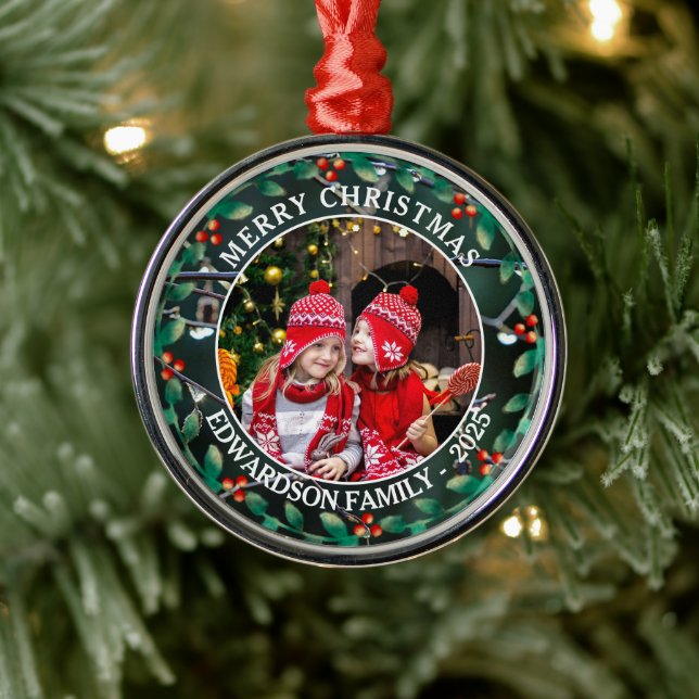 Create your own family photo personal Christmas Metal Ornament (Tree)