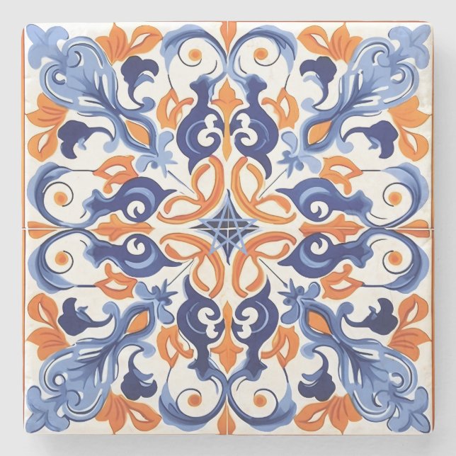 Create Your Own Faux Painted Dusty Blue Orange Stone Coaster (Front)