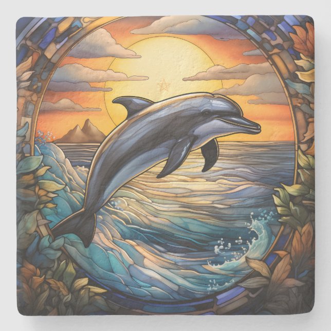 Create Your Own Faux Stained Glass Dolphin Dawn Stone Coaster (Front)
