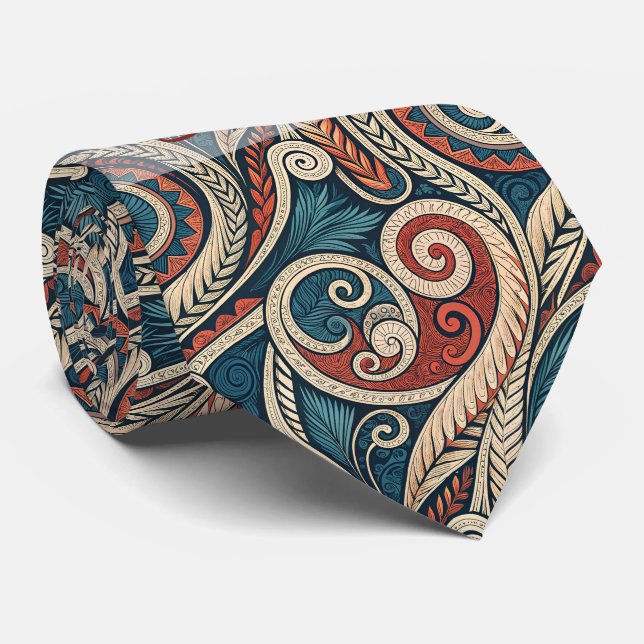 Create Your Own Fiery Red Teal Festive Tribal Tie (Rolled)