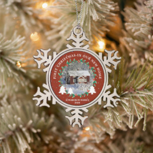 Create your own First Christmas in new home photo Snowflake Pewter Christmas Ornament