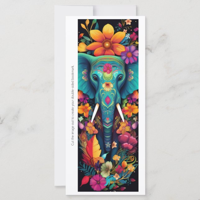 Create Your Own Floral Blue Elephant Bookmark Card (Front)