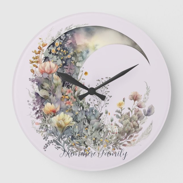Create Your Own Floral Iridescent Crescent Moon Large Clock (Front)
