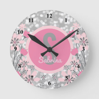 Create Your Own Girls Name | Floral Pink Silver Round Clock
