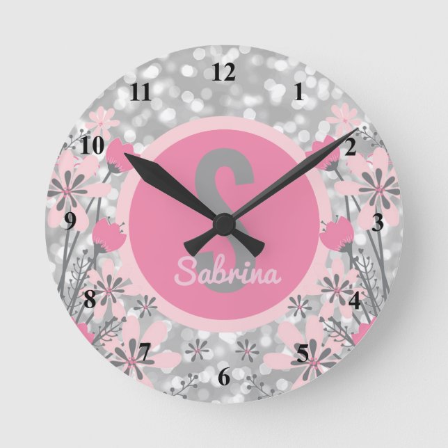 Create Your Own Girls Name | Floral Pink Silver Round Clock (Front)