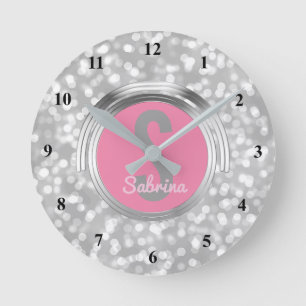 Create Your Own Girls Name Pink Silver Glitter Round Clock