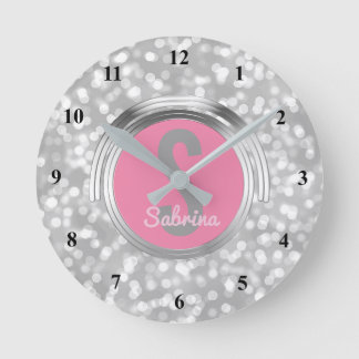 Create Your Own Girls Name | Pink Silver Glitter Round Clock