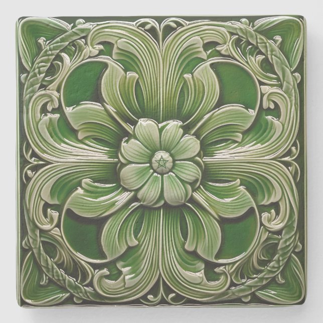 Create Your Own Glazed Clay Lime Green Flower Stone Coaster (Front)