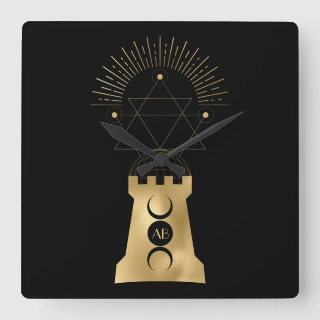 Create Your Own Gold Arcane Moon Tower Tarot Square Wall Clock (Front)