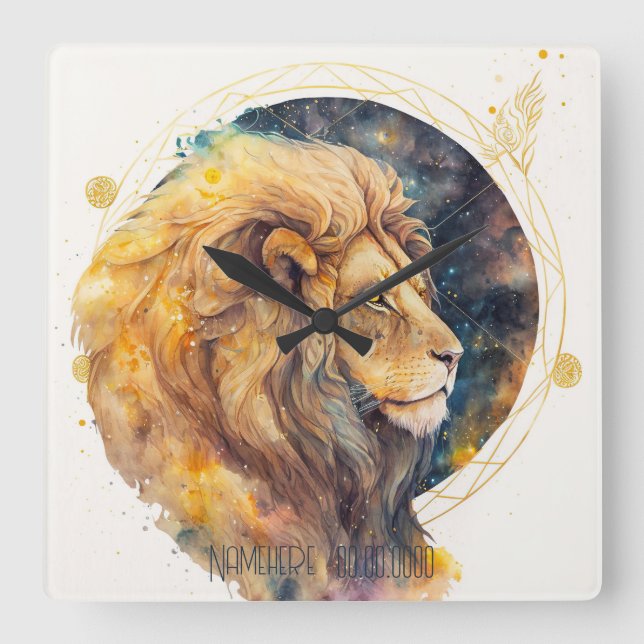 Create Your Own Gold & Blue Leo Zodiac Square Wall Clock (Front)