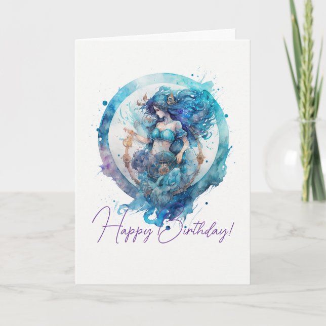 Create YOur Own Gold & Blue Mystical Aquarius Holiday Card (Front)