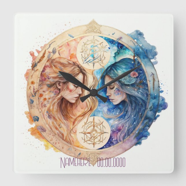 Create Your Own Gold & Blue Mystical Gemini Zodiac Square Wall Clock (Front)