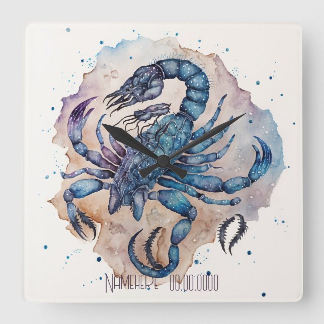 Create Your Own Gold & Blue Mystical Scorpio Square Wall Clock (Front)