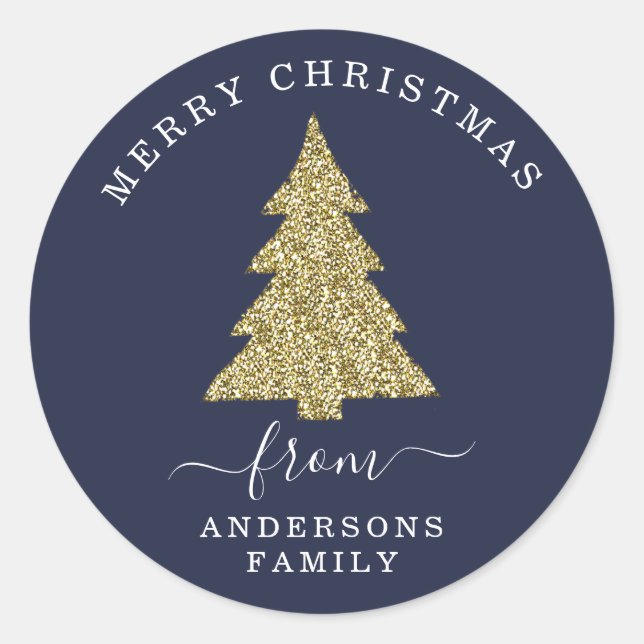 Create Your Own Gold Glitter Christmas Blue Classic Round Sticker (Front)
