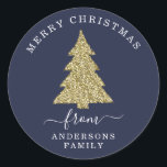Create Your Own Gold Glitter Christmas Blue Classic Round Sticker<br><div class="desc">Create Your Own Gold Glitter Christmas Tree Blue Holiday Round Sticker.</div>
