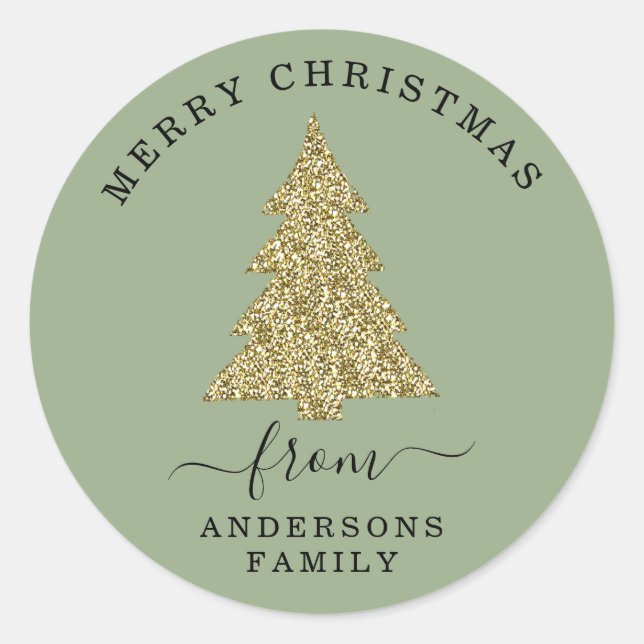 Create Your Own Gold Glitter Christmas Sage Green Classic Round Sticker (Front)